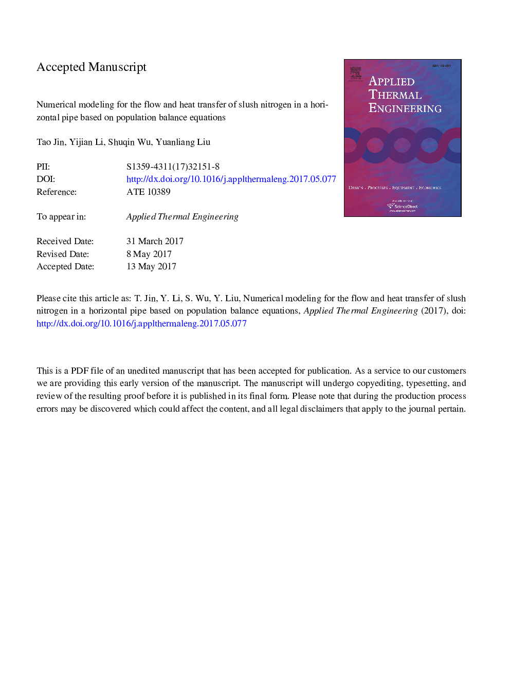 Numerical modeling for the flow and heat transfer of slush nitrogen in a horizontal pipe based on population balance equations