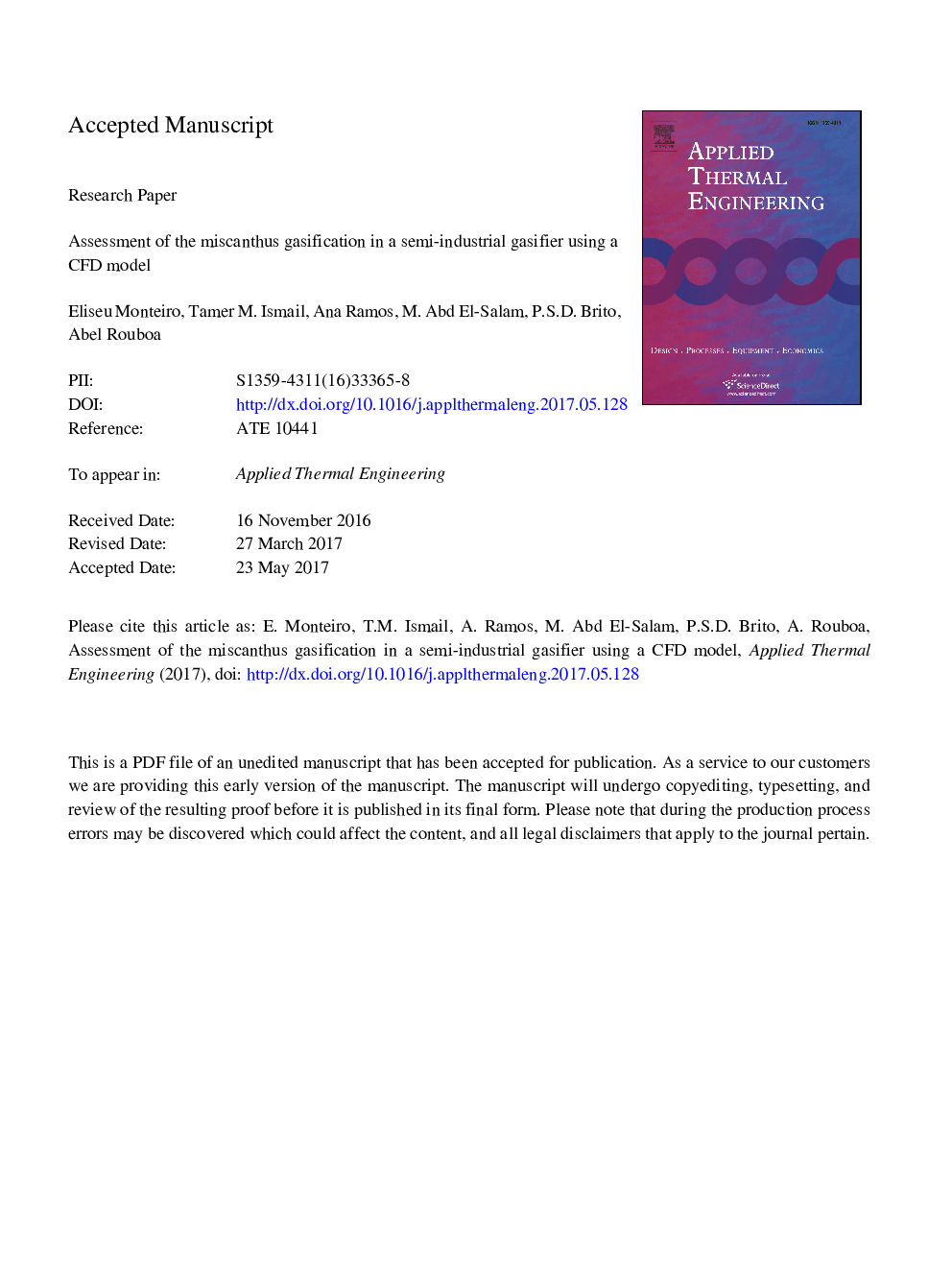 عکس صفحه اول مقاله: Assessment of the miscanthus gasification in a semi-industrial gasifier using a CFD model Assessment of the miscanthus gasification in a semi-industrial gasifier using a CFD model