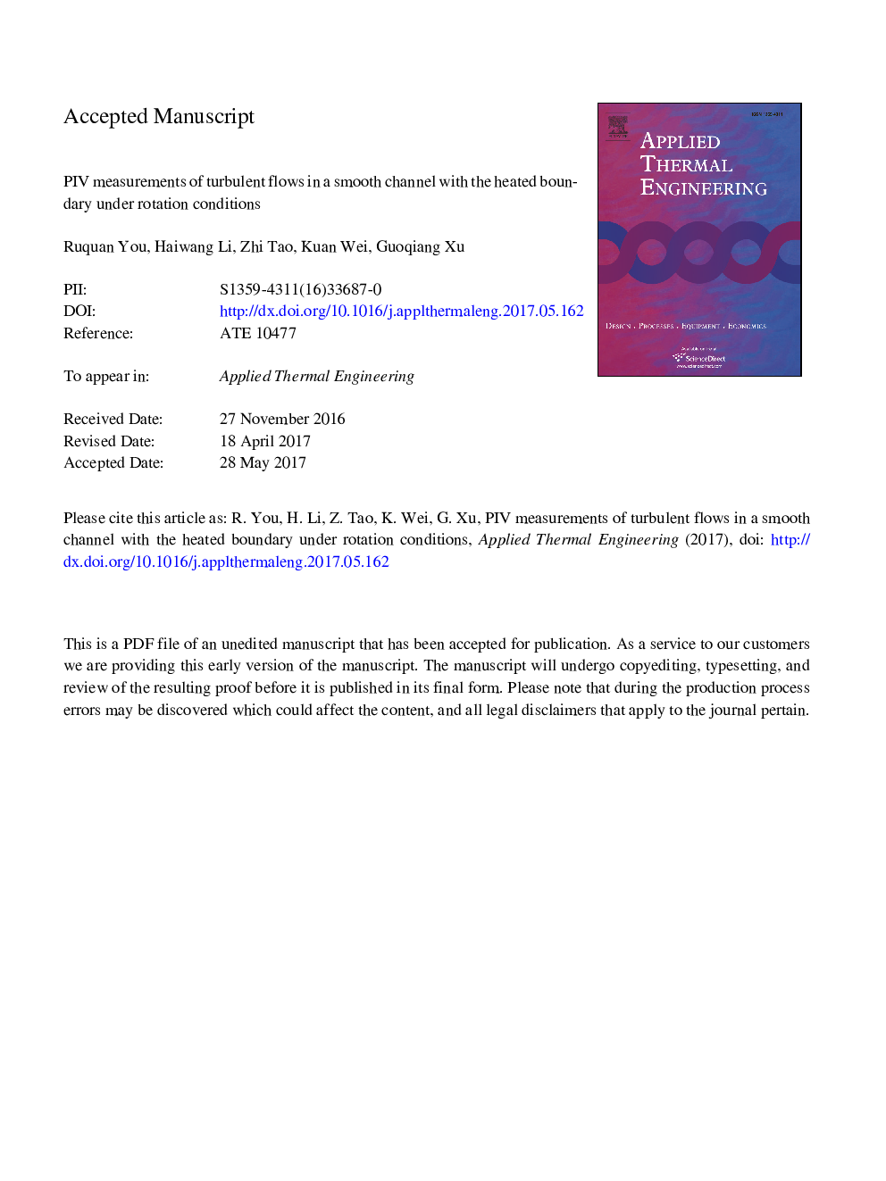 PIV measurements of turbulent flows in a smooth channel with the heated boundary under rotation conditions