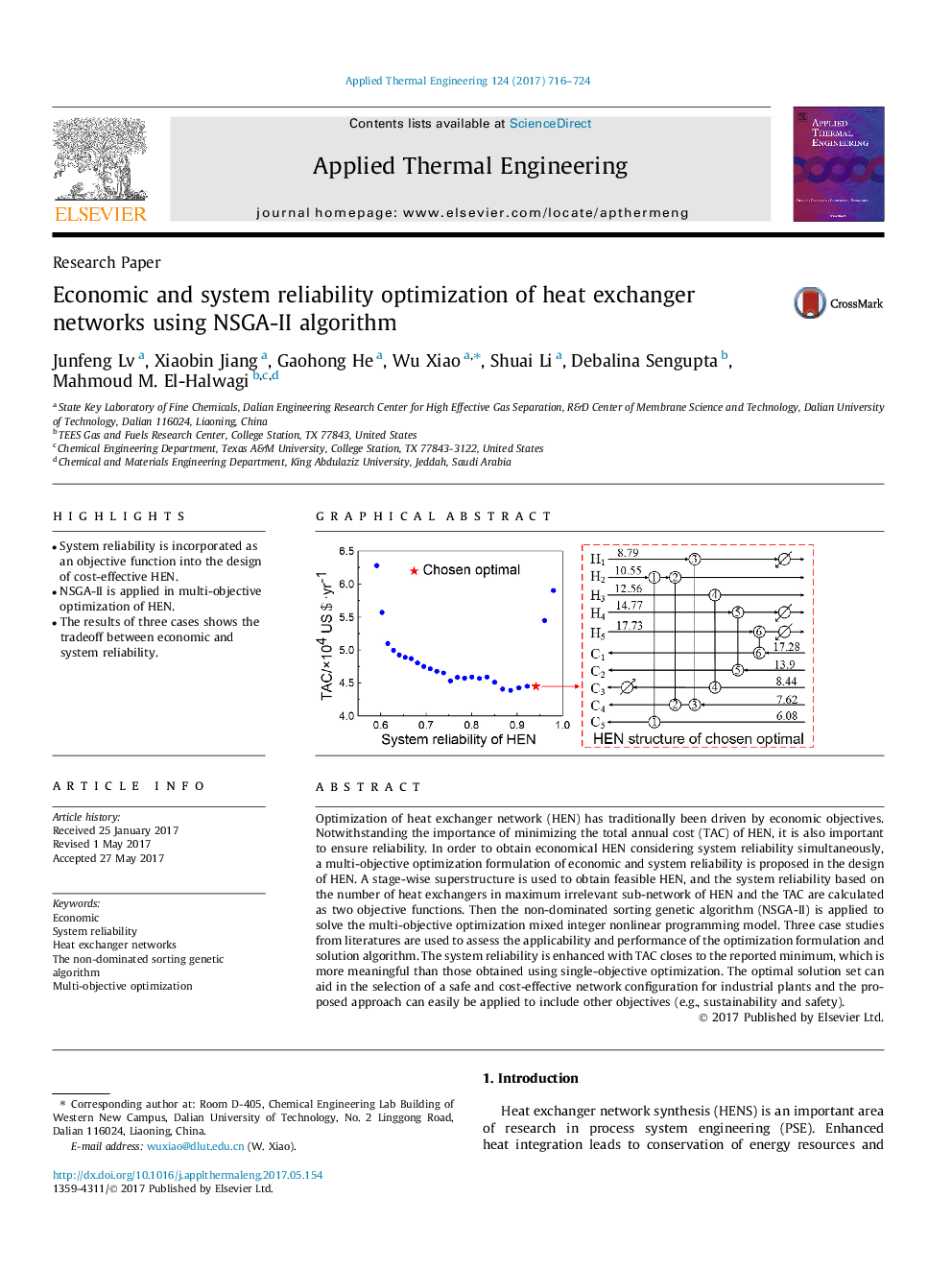 Economic and system reliability optimization of heat exchanger networks using NSGA-II algorithm