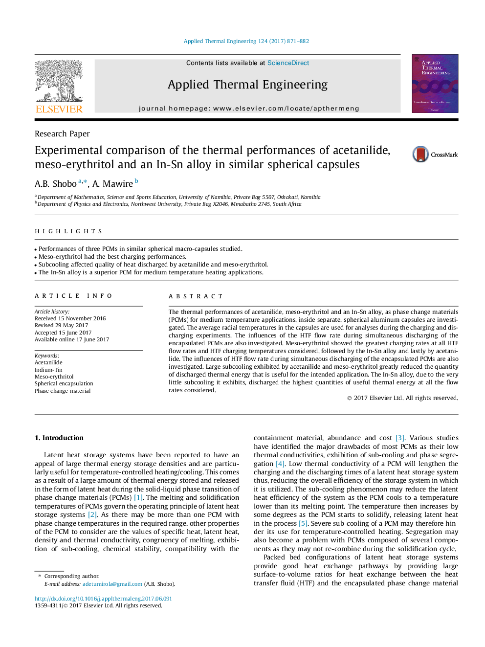 Research PaperExperimental comparison of the thermal performances of acetanilide, meso-erythritol and an In-Sn alloy in similar spherical capsules