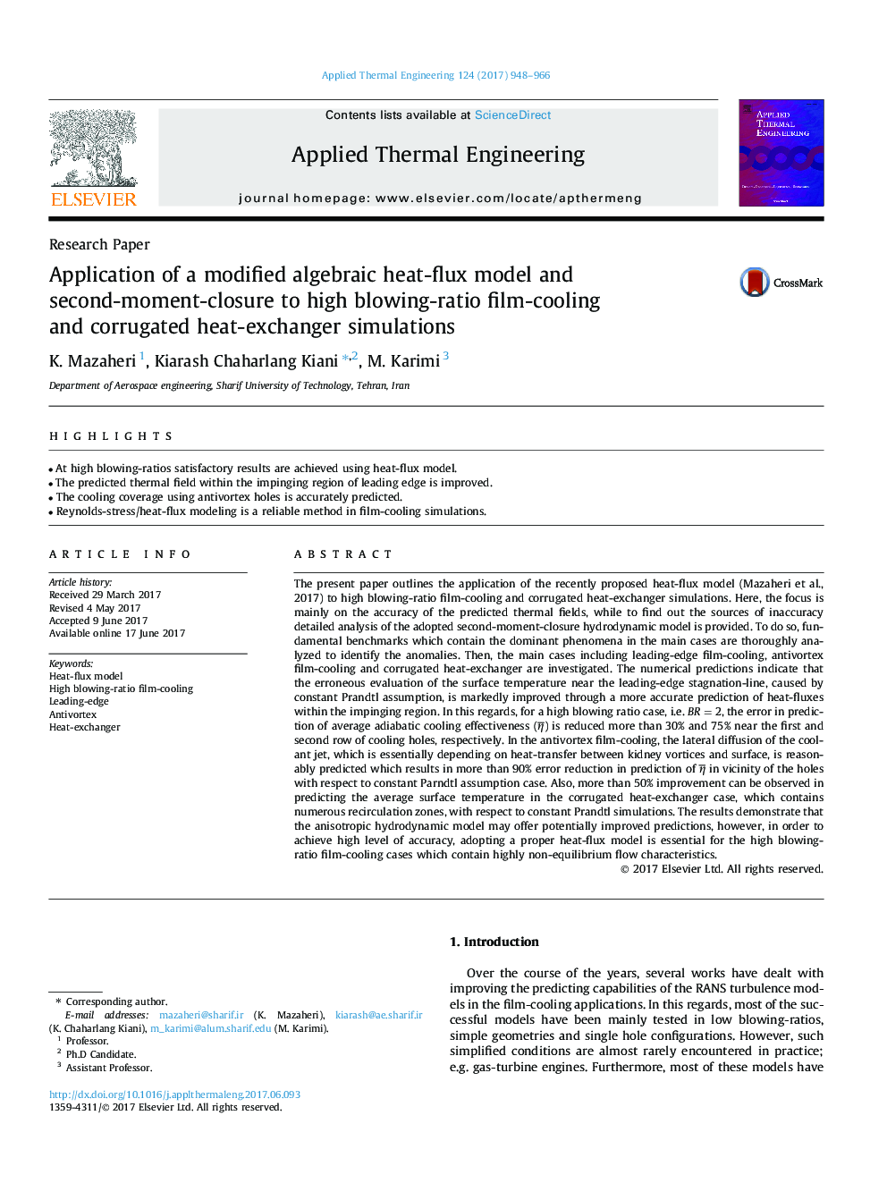 Application of a modified algebraic heat-flux model and second-moment-closure to high blowing-ratio film-cooling and corrugated heat-exchanger simulations