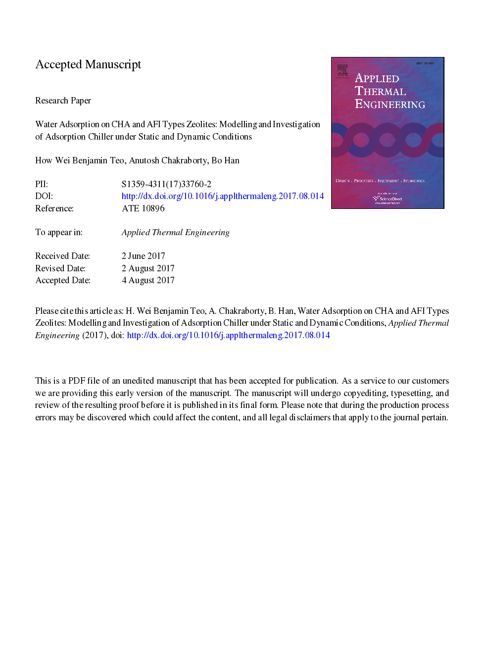 عکس صفحه اول مقاله: Water adsorption on CHA and AFI types zeolites: Modelling and investigation of adsorption chiller under static and dynamic conditions Water adsorption on CHA and AFI types zeolites: Modelling and investigation of adsorption chiller under static and dynamic conditions