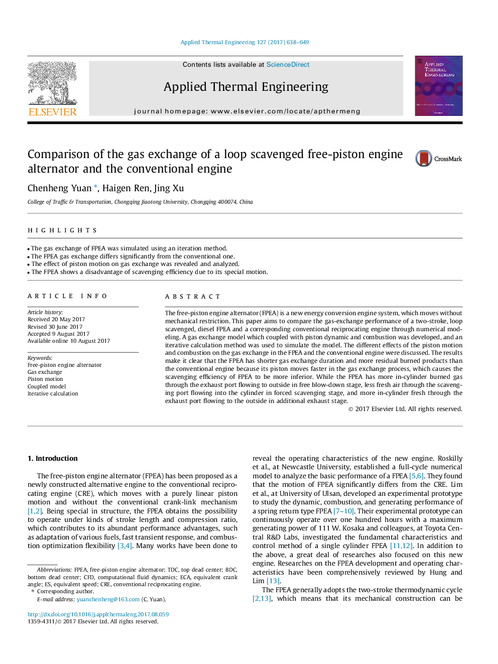 Comparison of the gas exchange of a loop scavenged free-piston engine alternator and the conventional engine