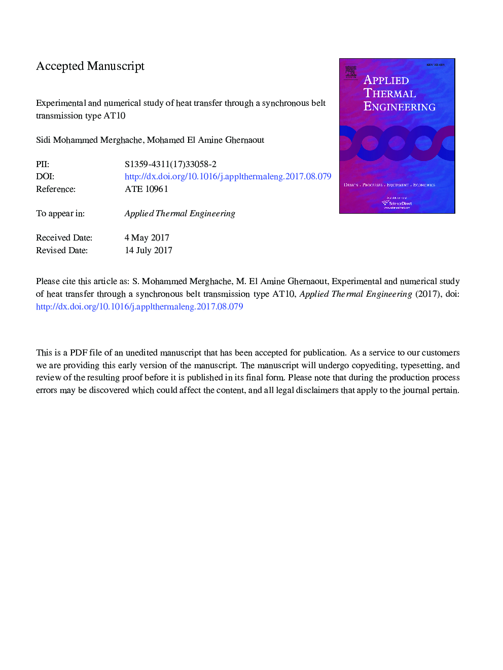 Experimental and numerical study of heat transfer through a synchronous belt transmission type AT10