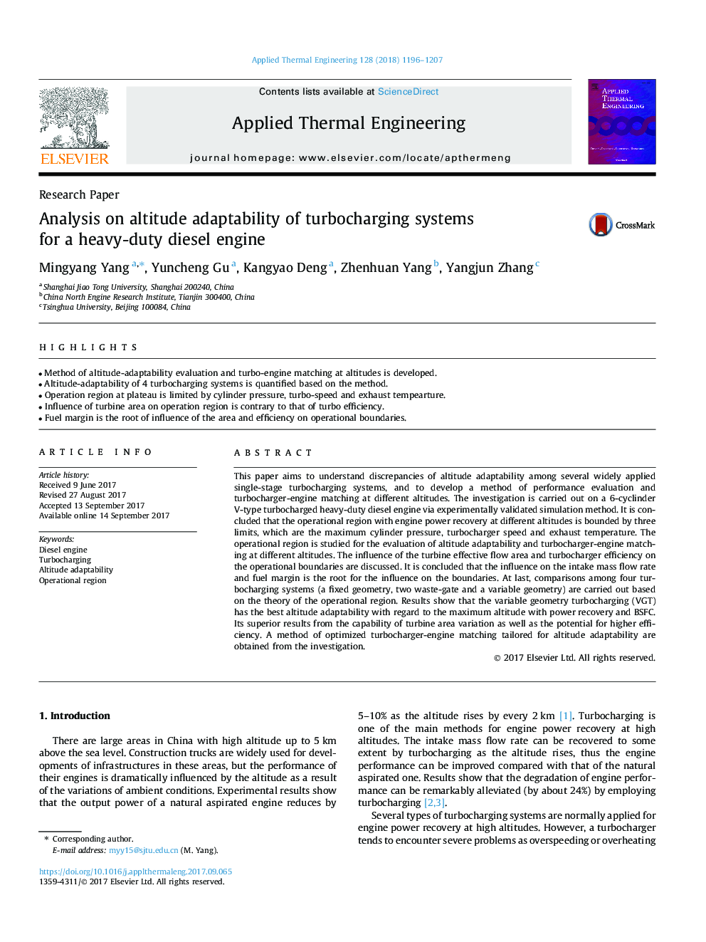 Research PaperAnalysis on altitude adaptability of turbocharging systems for a heavy-duty diesel engine