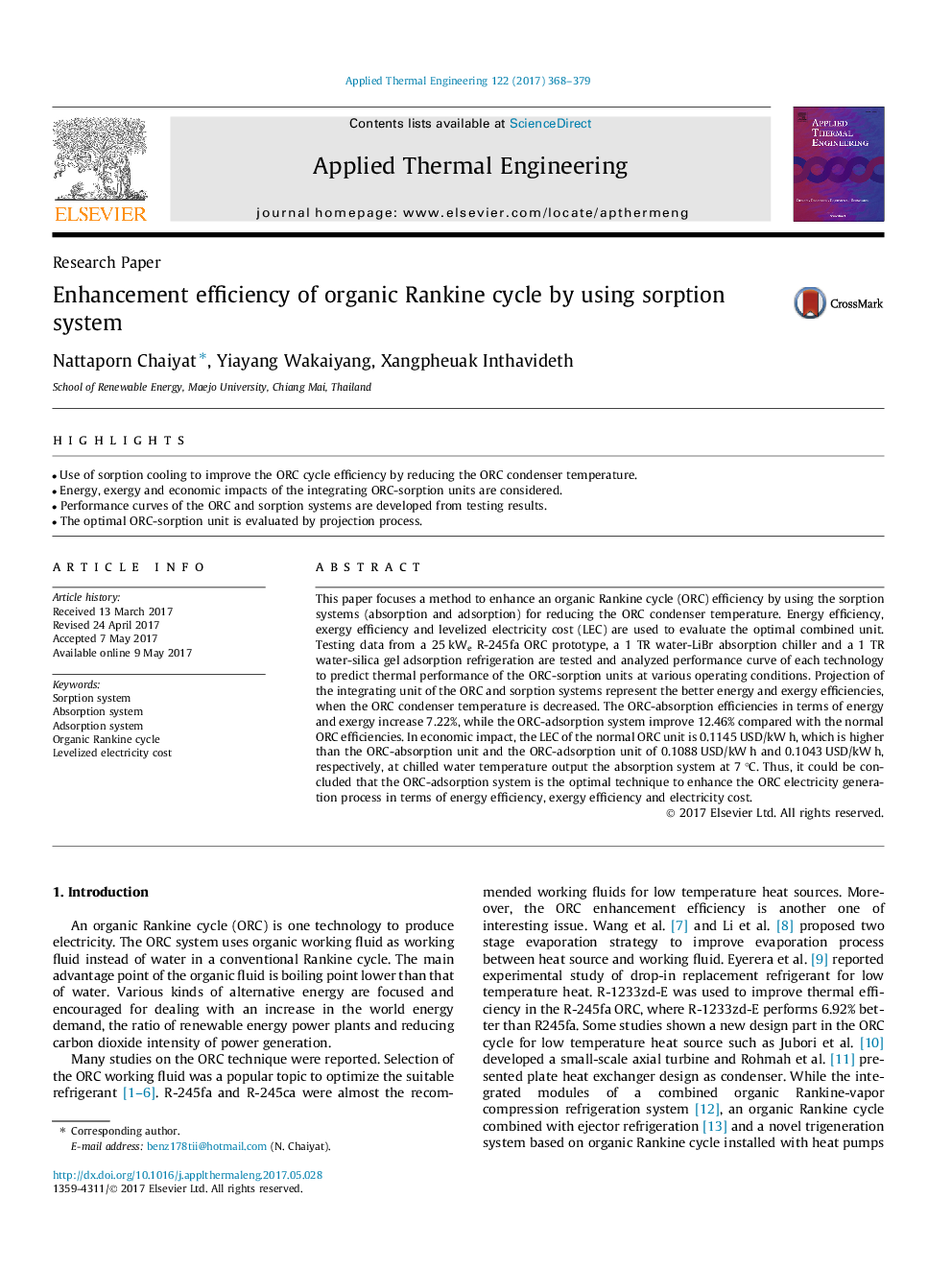 Enhancement efficiency of organic Rankine cycle by using sorption system