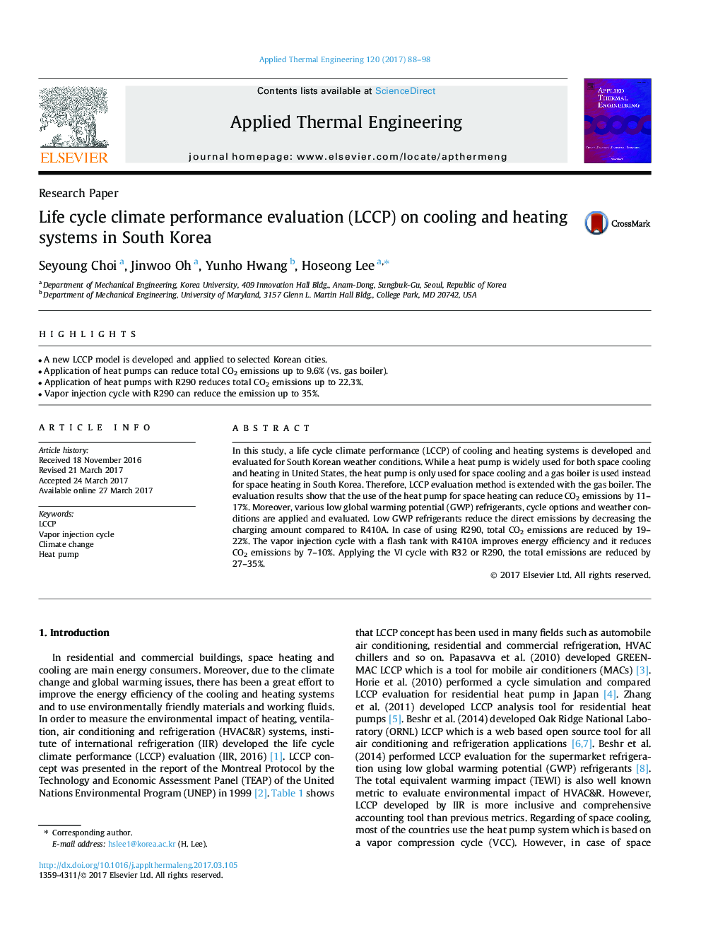 Research PaperLife cycle climate performance evaluation (LCCP) on cooling and heating systems in South Korea