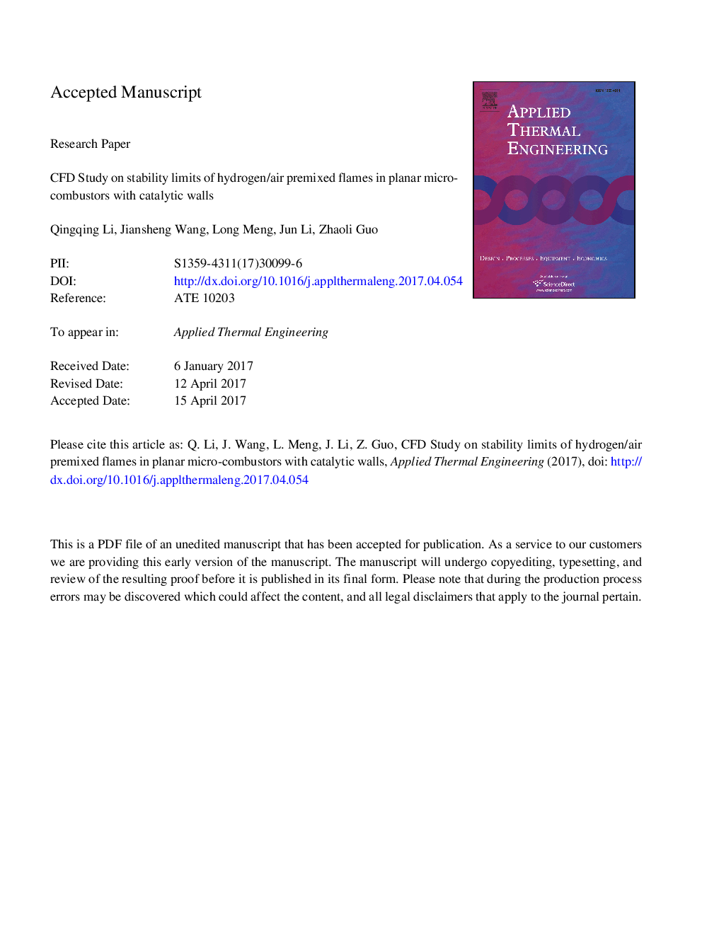 عکس صفحه اول مقاله: CFD study on stability limits of hydrogen/air premixed flames in planar micro-combustors with catalytic walls CFD study on stability limits of hydrogen/air premixed flames in planar micro-combustors with catalytic walls