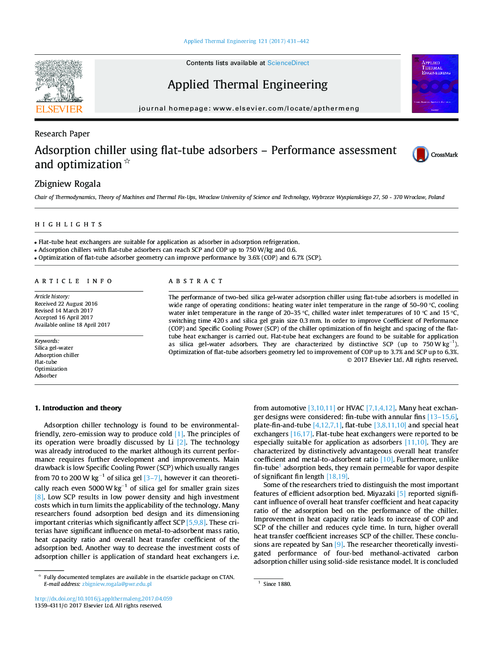 Adsorption chiller using flat-tube adsorbers - Performance assessment and optimization