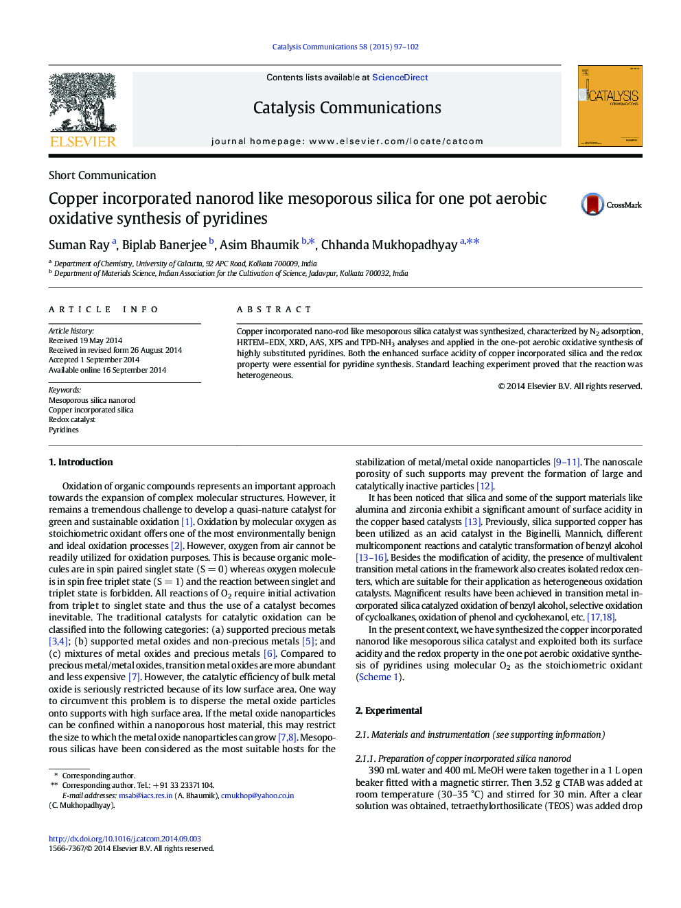 Copper incorporated nanorod like mesoporous silica for one pot aerobic oxidative synthesis of pyridines