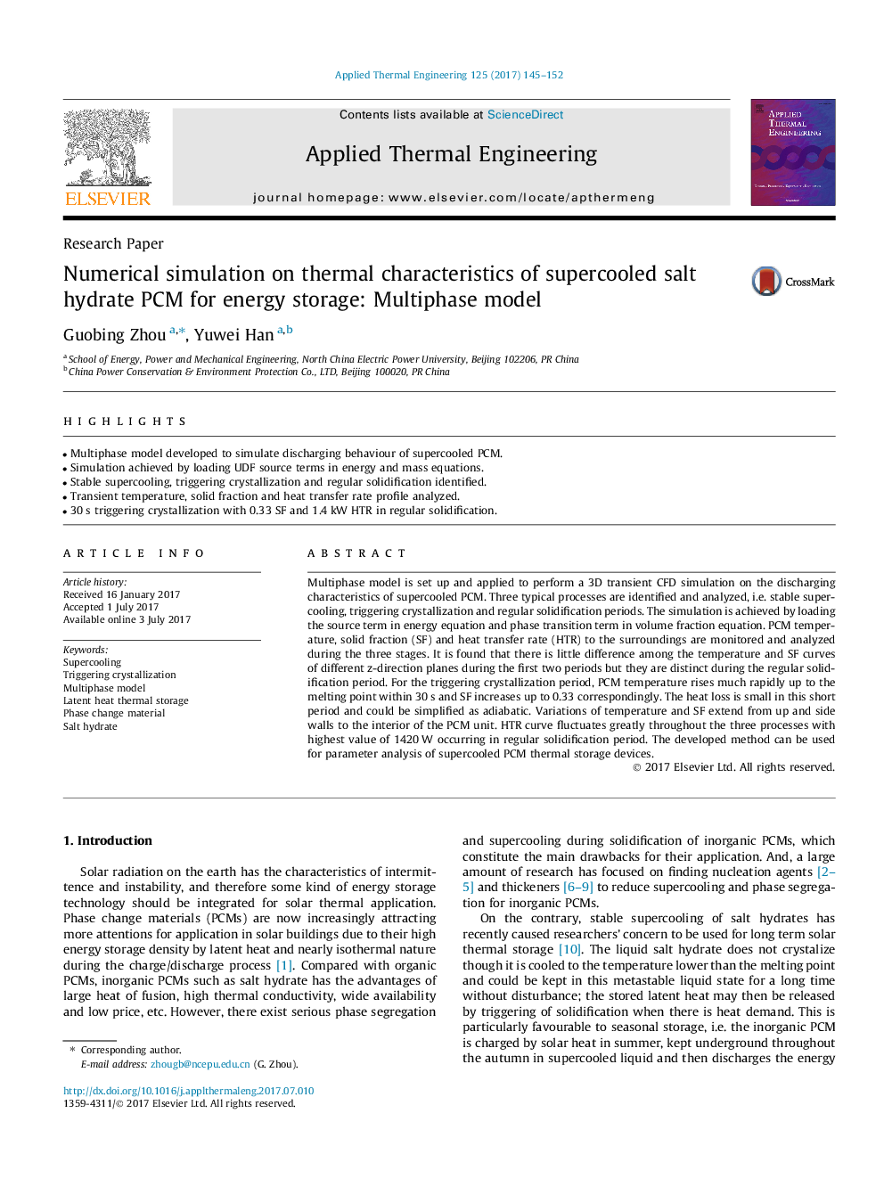 Numerical simulation on thermal characteristics of supercooled salt hydrate PCM for energy storage: Multiphase model