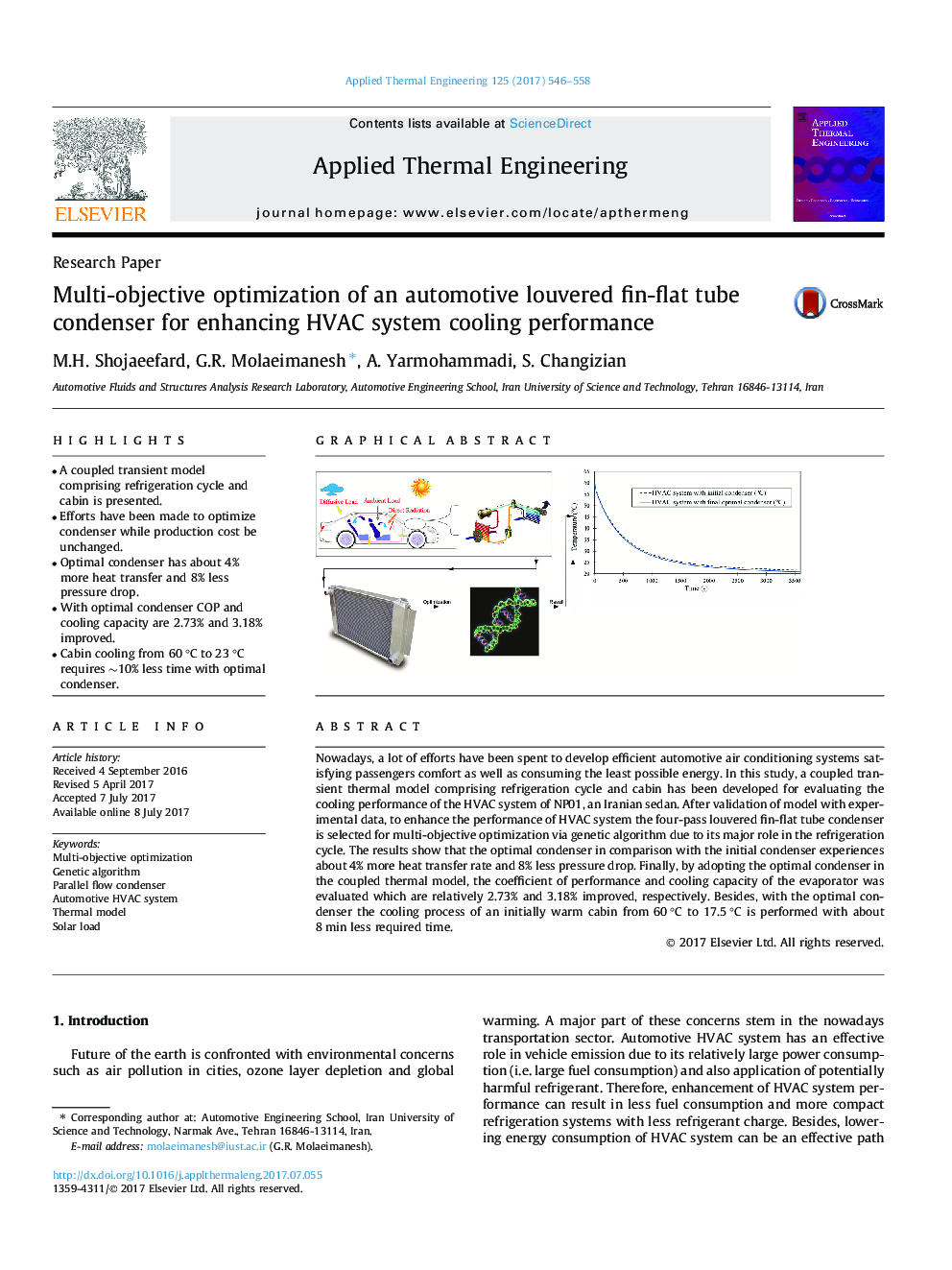 Multi-objective optimization of an automotive louvered fin-flat tube condenser for enhancing HVAC system cooling performance