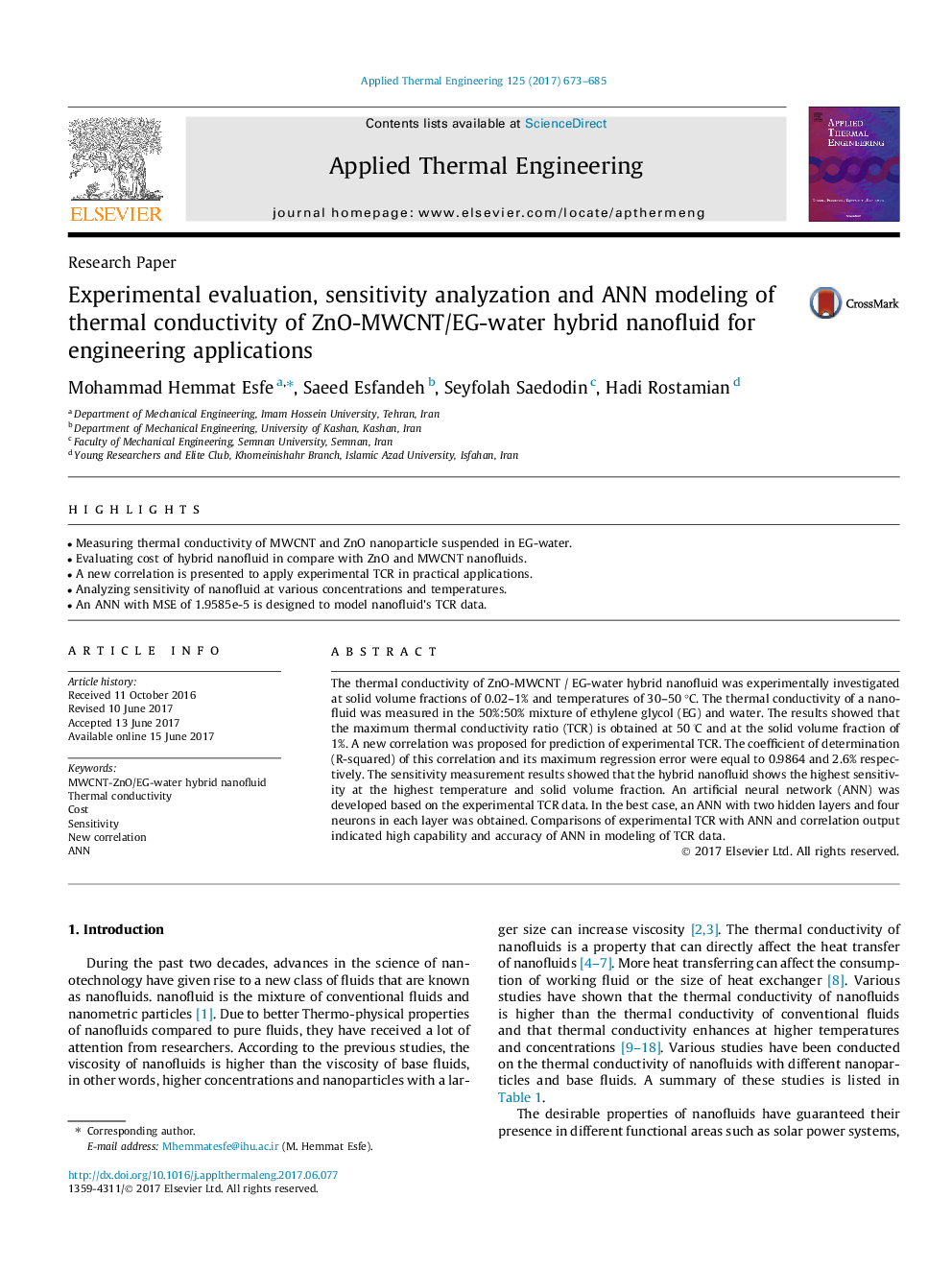 Experimental evaluation, sensitivity analyzation and ANN modeling of thermal conductivity of ZnO-MWCNT/EG-water hybrid nanofluid for engineering applications