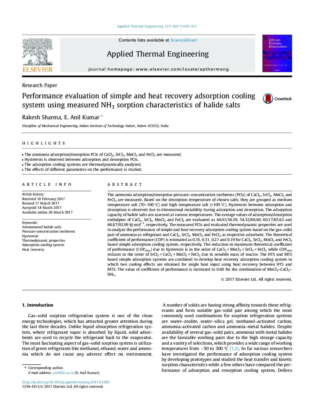 Performance evaluation of simple and heat recovery adsorption cooling system using measured NH3 sorption characteristics of halide salts