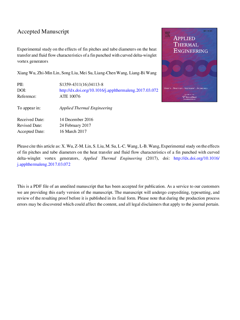 Experimental study on the effects of fin pitches and tube diameters on the heat transfer and fluid flow characteristics of a fin punched with curved delta-winglet vortex generators