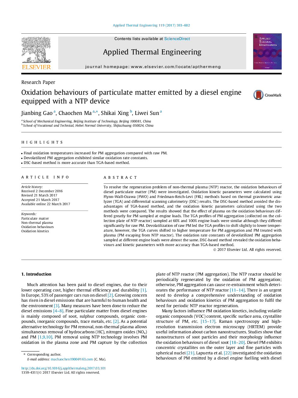 Oxidation behaviours of particulate matter emitted by a diesel engine equipped with a NTP device