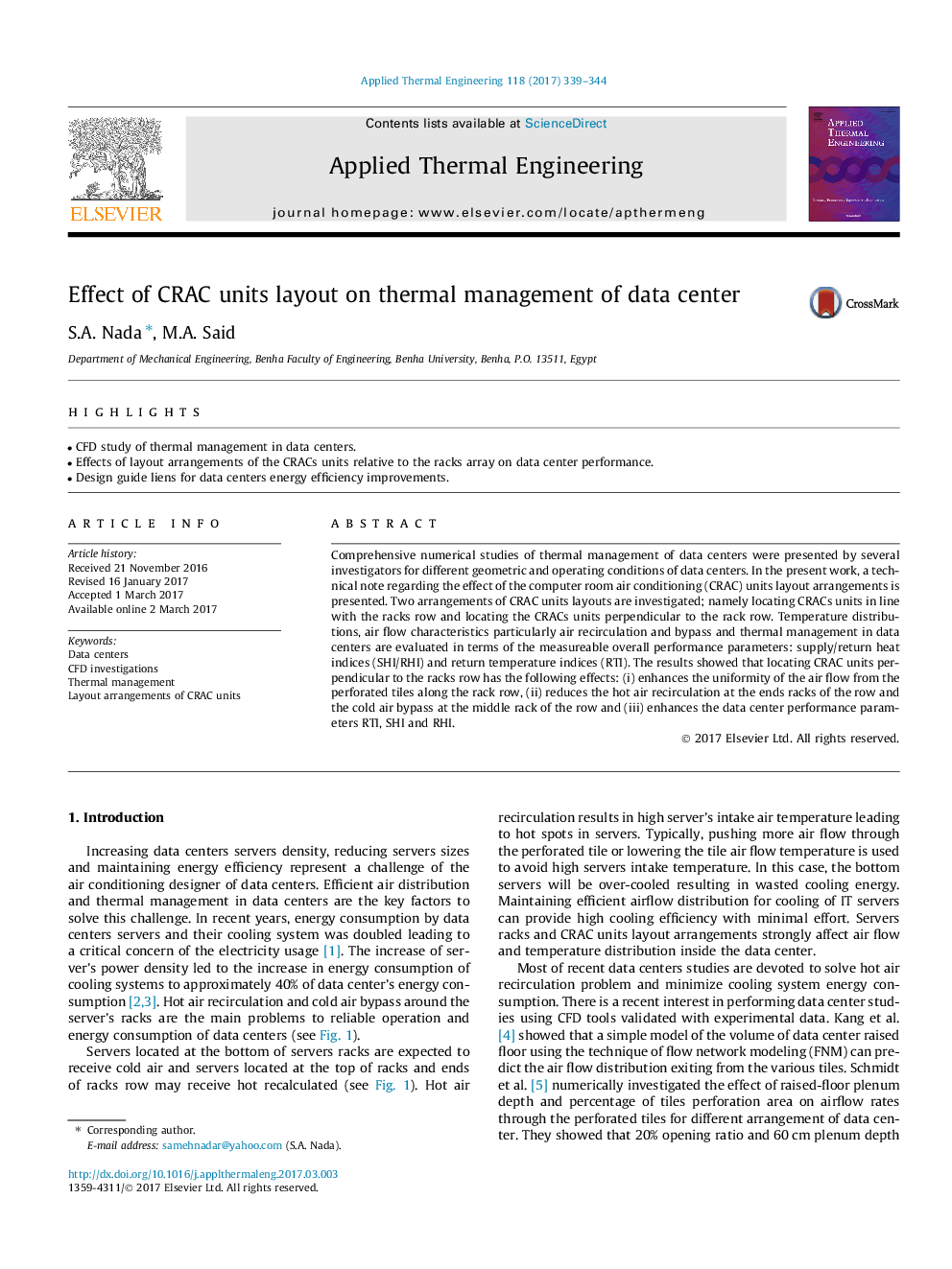 Effect of CRAC units layout on thermal management of data center