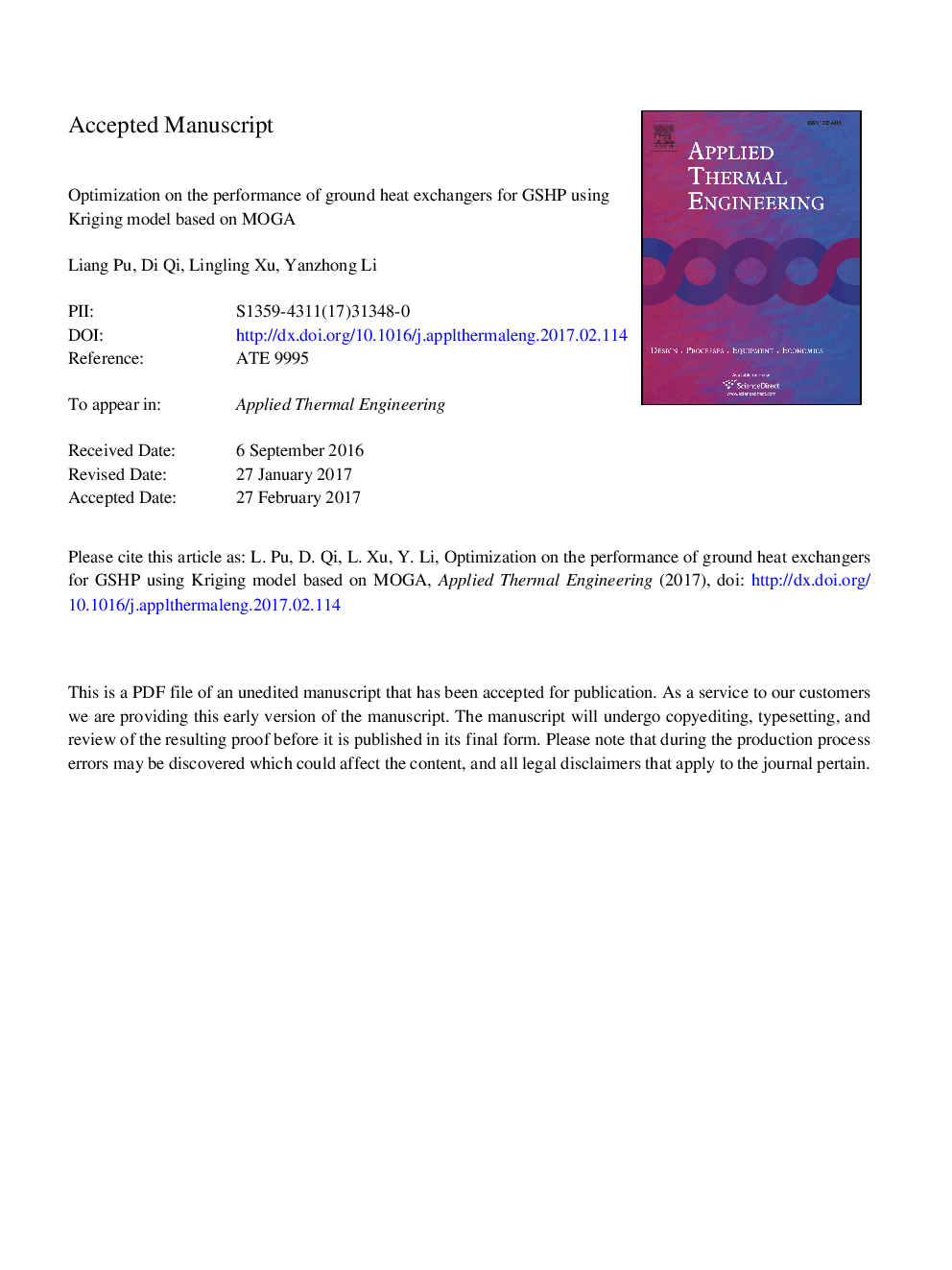 عکس صفحه اول مقاله: Optimization on the performance of ground heat exchangers for GSHP using Kriging model based on MOGA Optimization on the performance of ground heat exchangers for GSHP using Kriging model based on MOGA