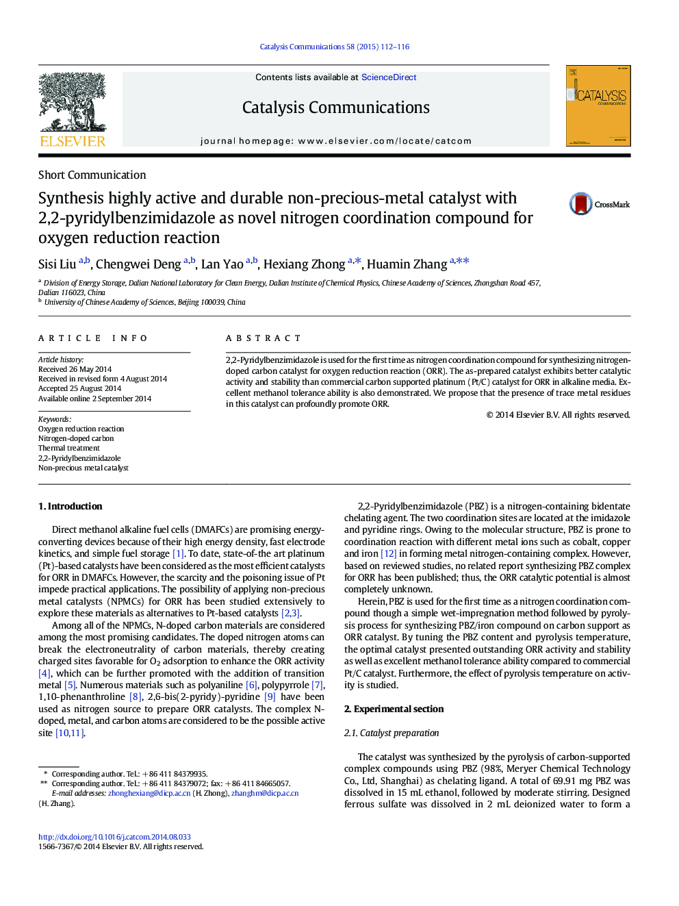 Synthesis highly active and durable non-precious-metal catalyst with 2,2-pyridylbenzimidazole as novel nitrogen coordination compound for oxygen reduction reaction