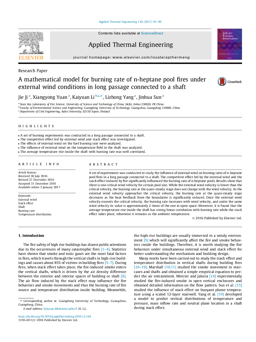 A mathematical model for burning rate of n-heptane pool fires under external wind conditions in long passage connected to a shaft