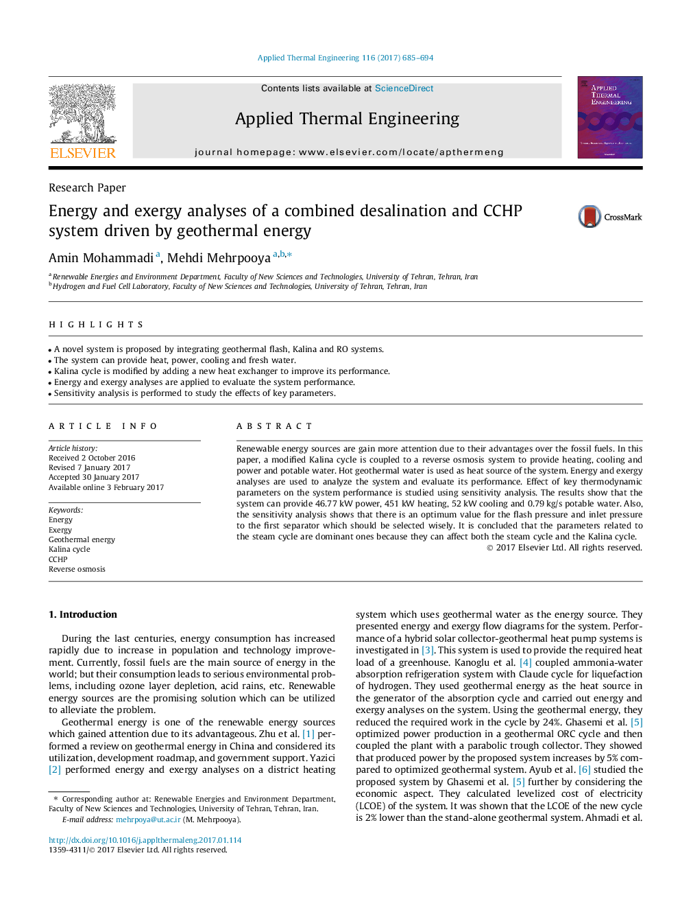 Energy and exergy analyses of a combined desalination and CCHP system driven by geothermal energy