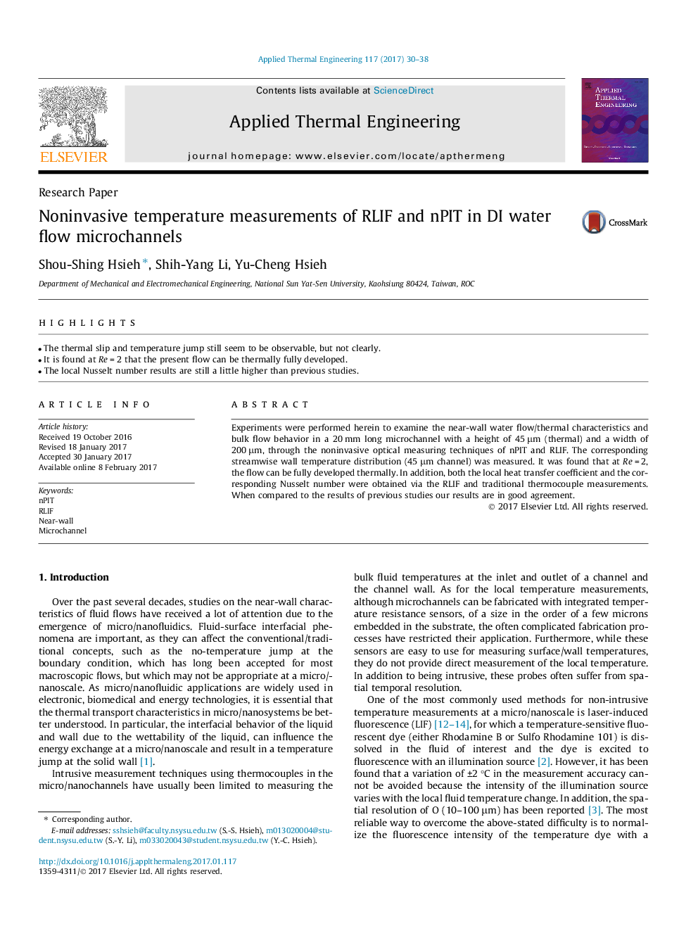 عکس صفحه اول مقاله: Noninvasive temperature measurements of RLIF and nPIT in DI water flow microchannels Noninvasive temperature measurements of RLIF and nPIT in DI water flow microchannels