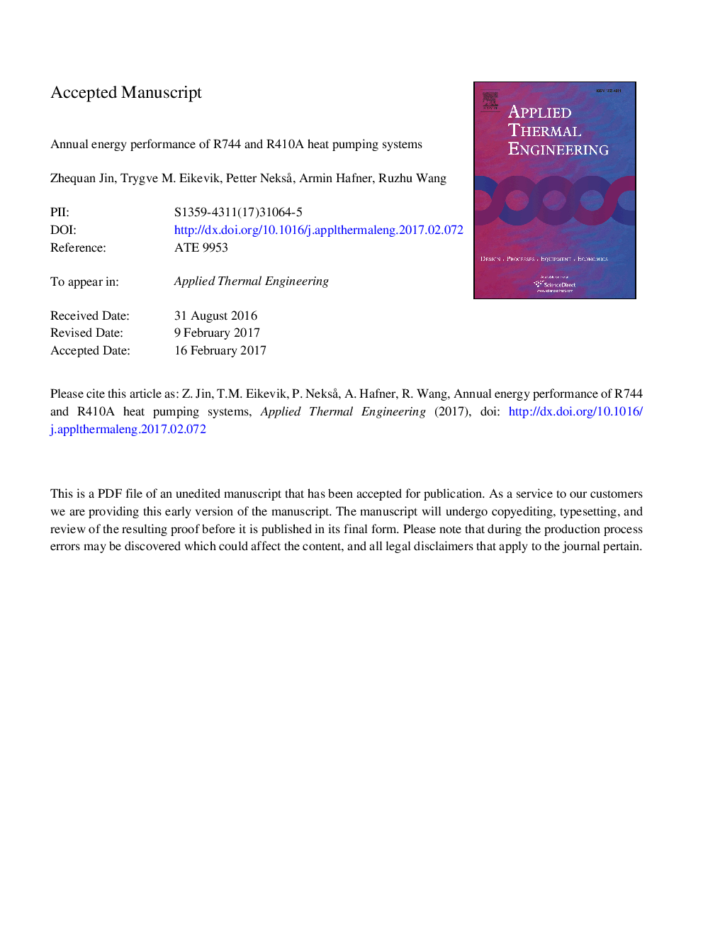 عکس صفحه اول مقاله: Annual energy performance of R744 and R410A heat pumping systems Annual energy performance of R744 and R410A heat pumping systems