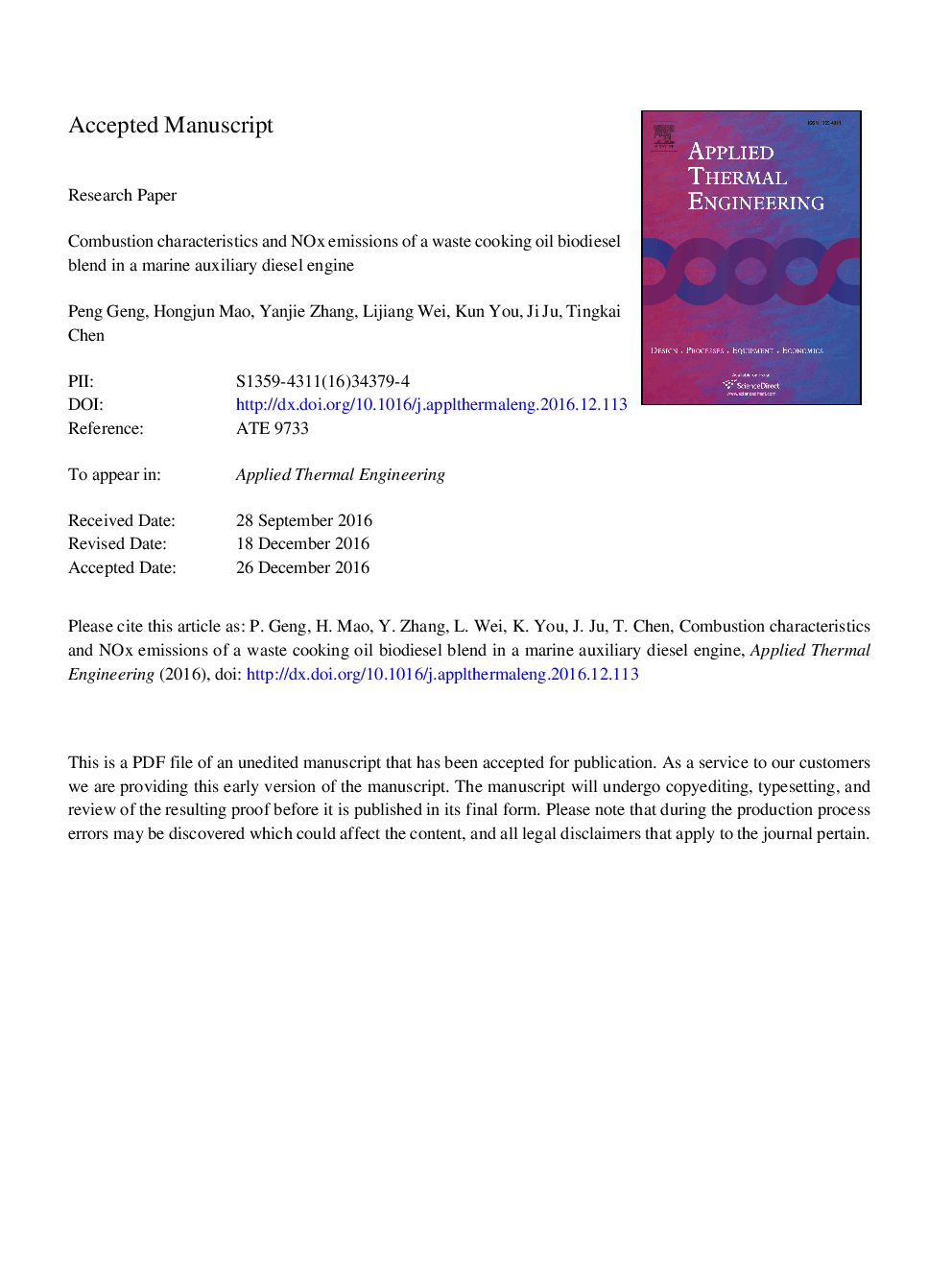 Combustion characteristics and NOx emissions of a waste cooking oil biodiesel blend in a marine auxiliary diesel engine