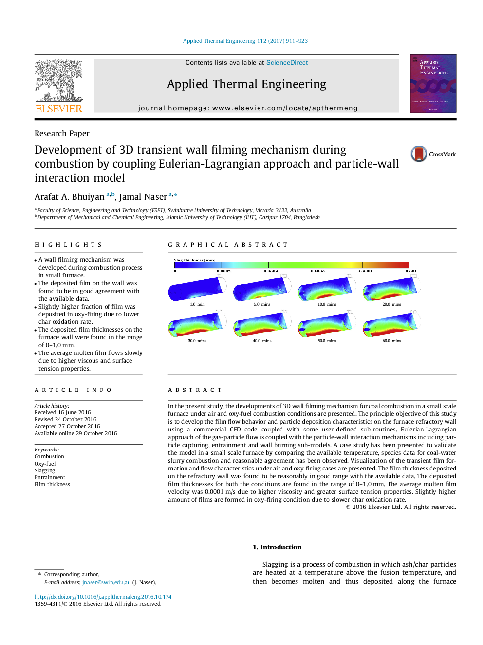 Development of 3D transient wall filming mechanism during combustion by coupling Eulerian-Lagrangian approach and particle-wall interaction model