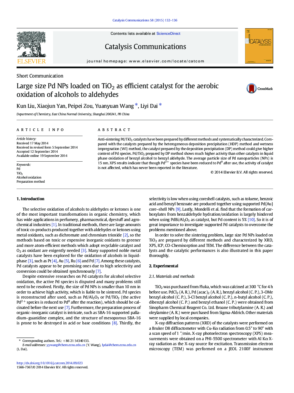 Large size Pd NPs loaded on TiO2 as efficient catalyst for the aerobic oxidation of alcohols to aldehydes