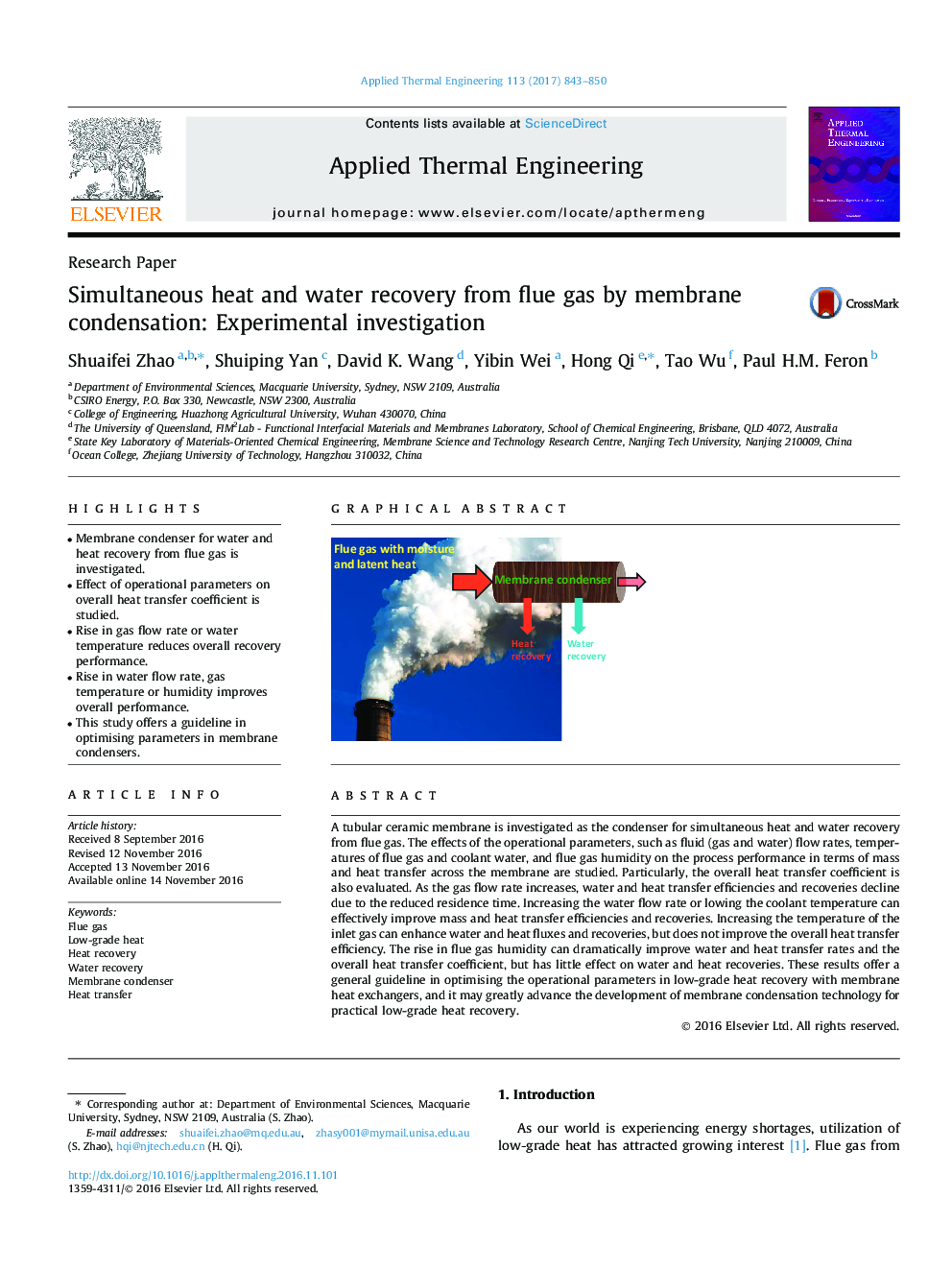 Simultaneous heat and water recovery from flue gas by membrane condensation: Experimental investigation