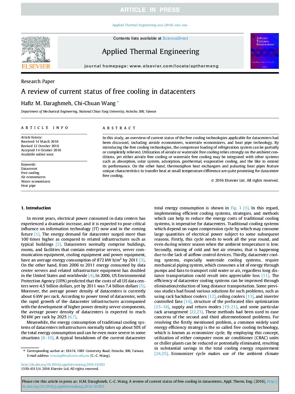 A review of current status of free cooling in datacenters