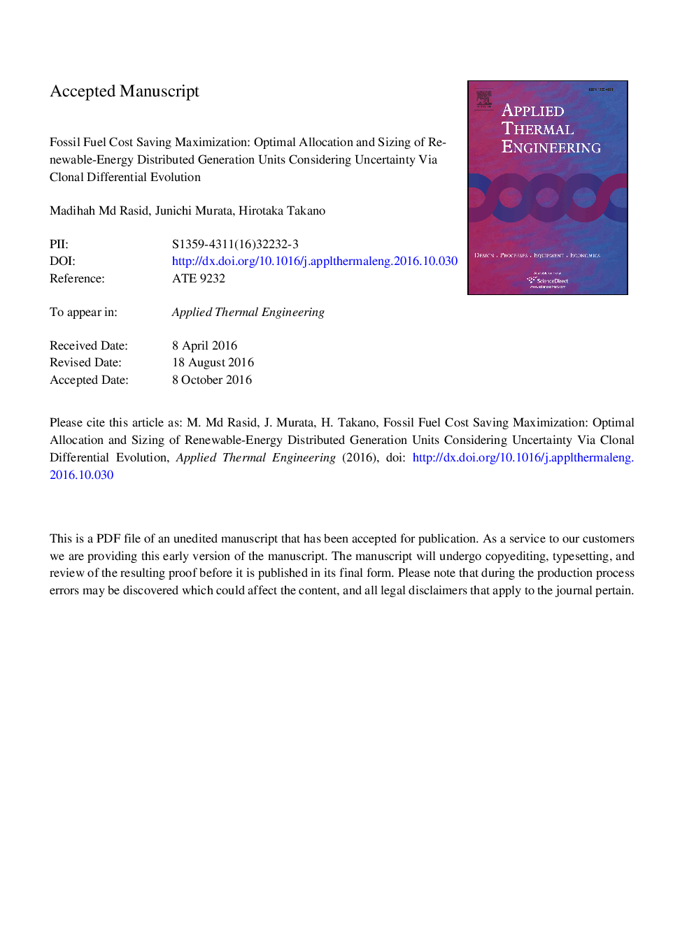 عکس صفحه اول مقاله: Fossil fuel cost saving maximization: Optimal allocation and sizing of Renewable-Energy Distributed Generation units considering uncertainty via Clonal Differential Evolution Fossil fuel cost saving maximization: Optimal allocation and sizing of Renewable-Energy Distributed Generation units considering uncertainty via Clonal Differential Evolution