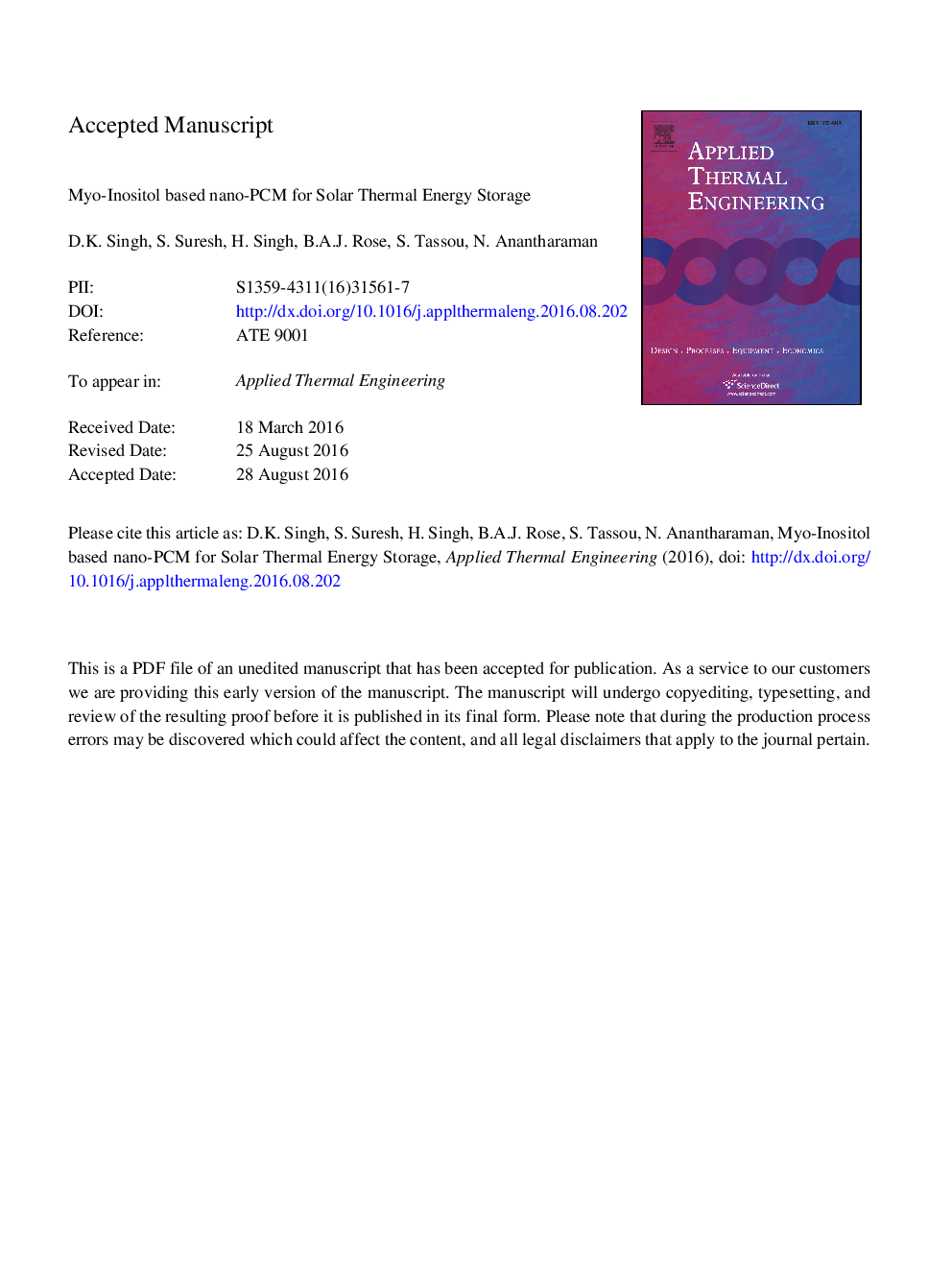 عکس صفحه اول مقاله: Myo-inositol based nano-PCM for solar thermal energy storage Myo-inositol based nano-PCM for solar thermal energy storage