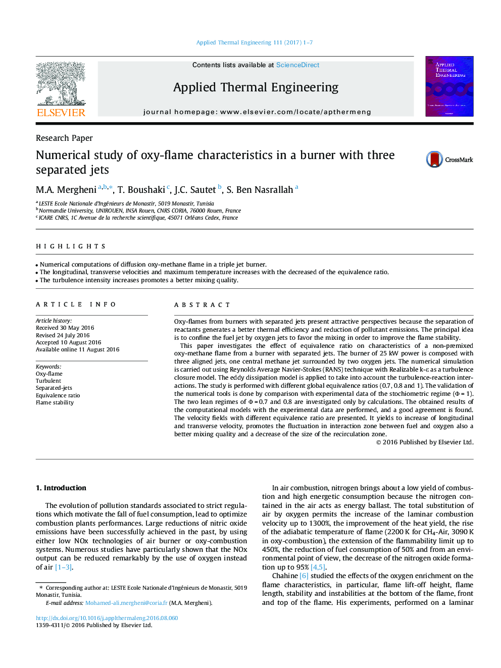 Numerical study of oxy-flame characteristics in a burner with three separated jets