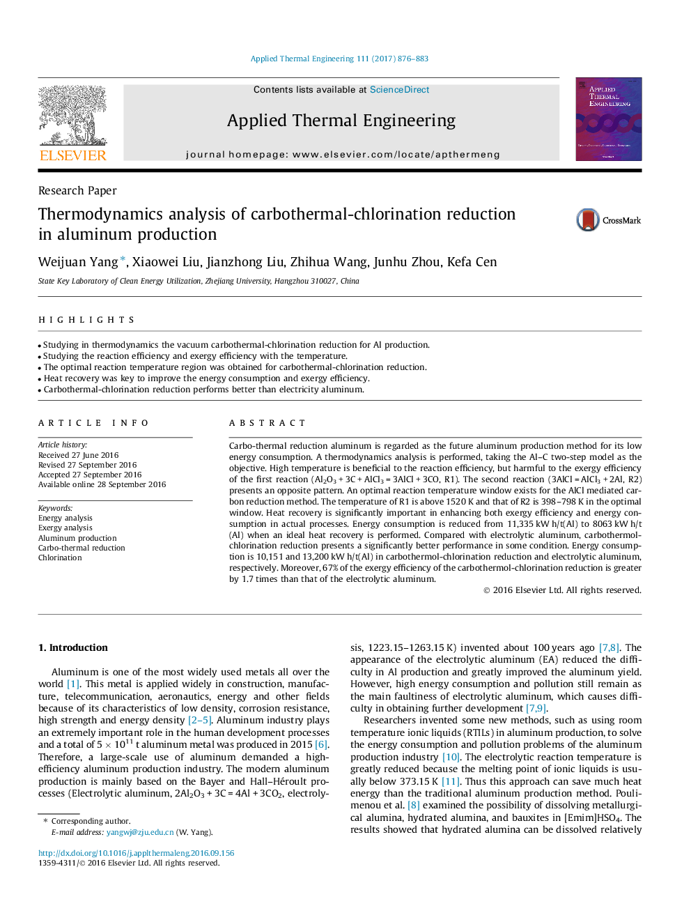 Thermodynamics analysis of carbothermal-chlorination reduction in aluminum production