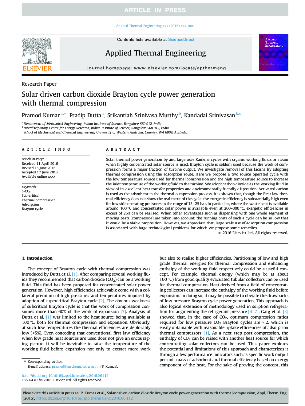 Solar driven carbon dioxide Brayton cycle power generation with thermal compression