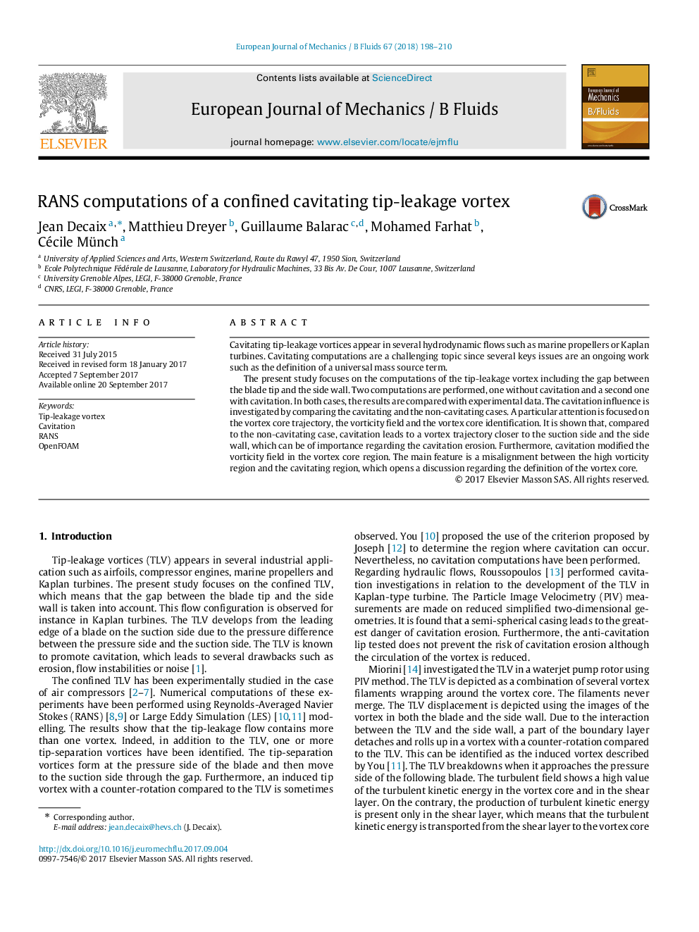 RANS computations of a confined cavitating tip-leakage vortex