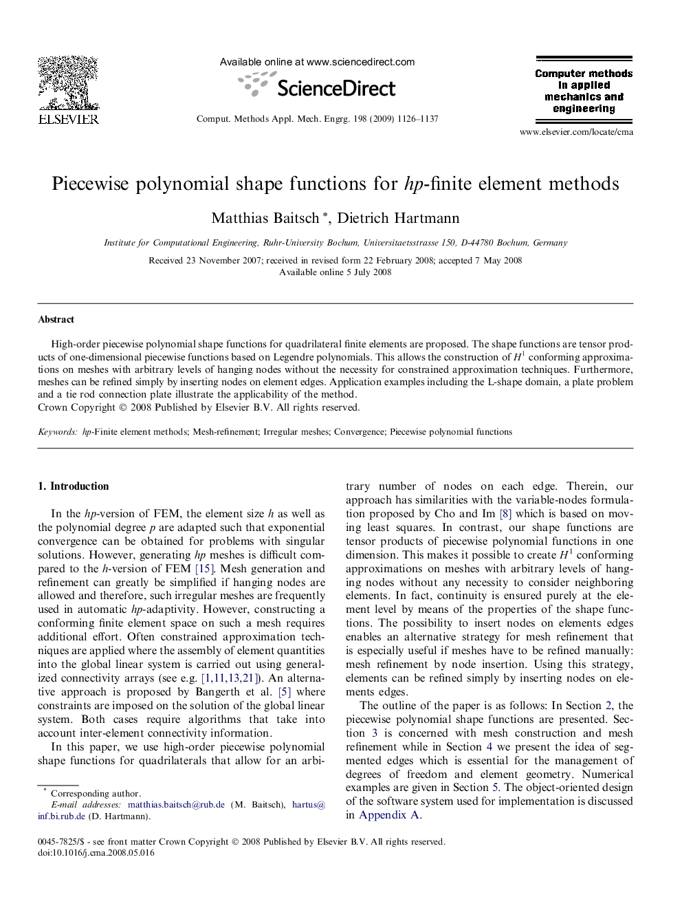 Piecewise polynomial shape functions for hp-finite element methods