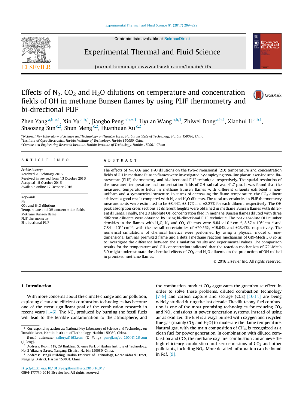 Effects of N2, CO2 and H2O dilutions on temperature and concentration fields of OH in methane Bunsen flames by using PLIF thermometry and bi-directional PLIF