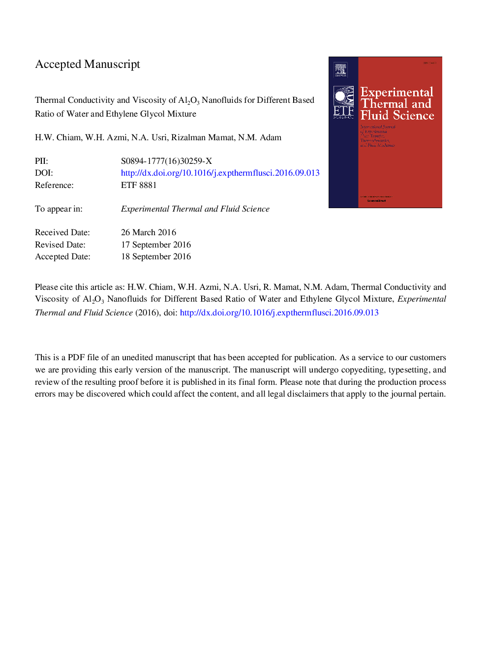 Thermal conductivity and viscosity of Al2O3 nanofluids for different based ratio of water and ethylene glycol mixture