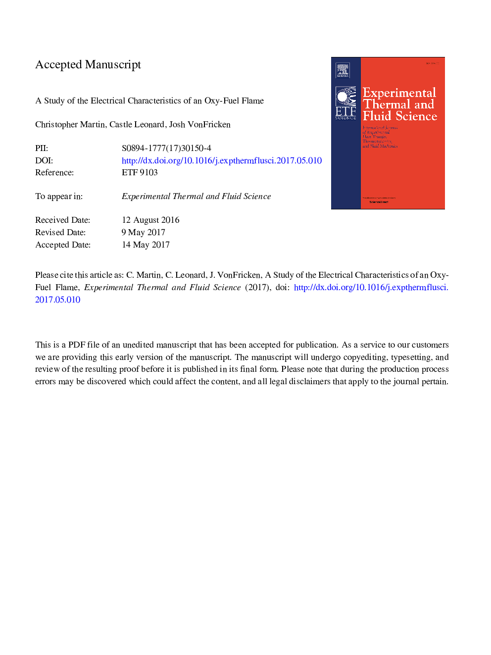 A study of the electrical characteristics of an oxy-fuel flame