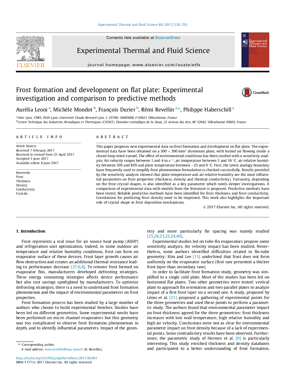 Frost formation and development on flat plate: Experimental investigation and comparison to predictive methods