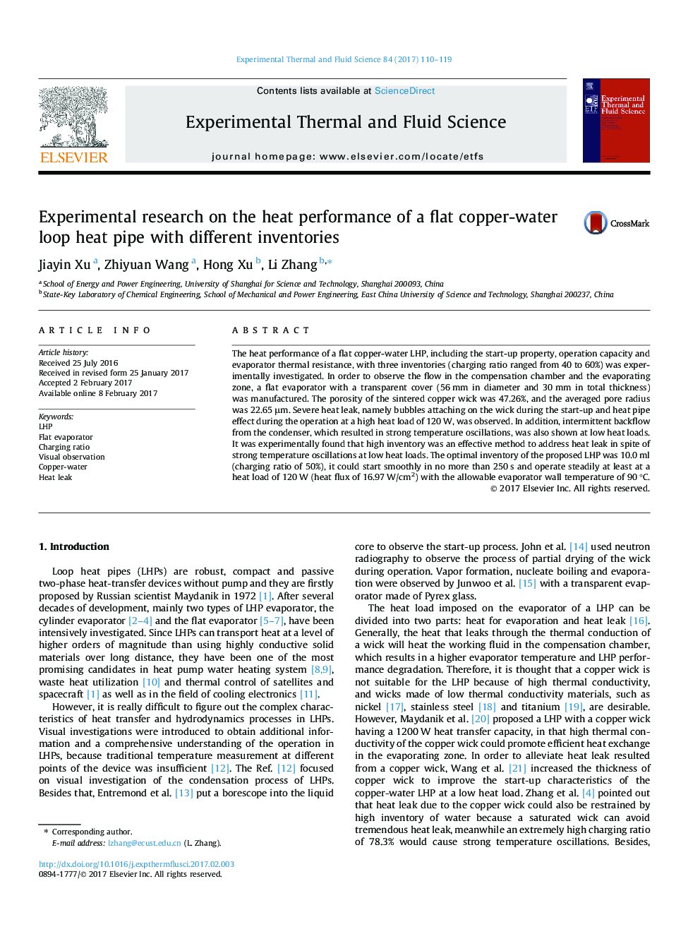 Experimental research on the heat performance of a flat copper-water loop heat pipe with different inventories