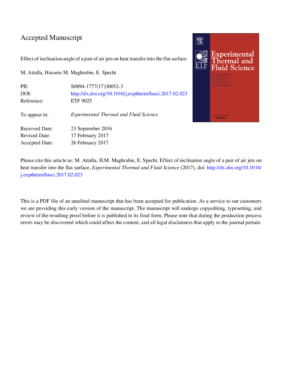 Effect of inclination angle of a pair of air jets on heat transfer into the flat surface