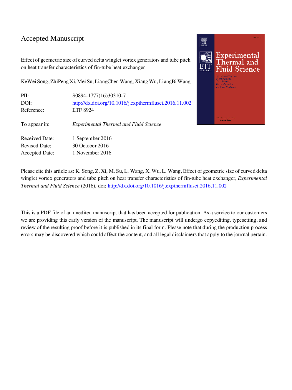 Effect of geometric size of curved delta winglet vortex generators and tube pitch on heat transfer characteristics of fin-tube heat exchanger