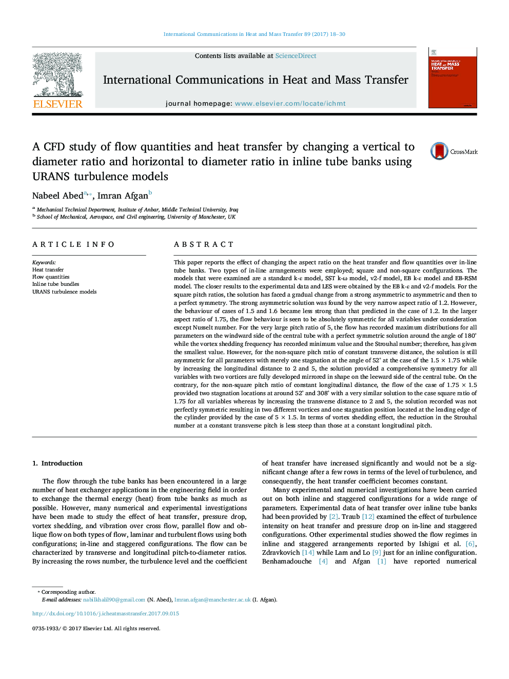 A CFD study of flow quantities and heat transfer by changing a vertical to diameter ratio and horizontal to diameter ratio in inline tube banks using URANS turbulence models