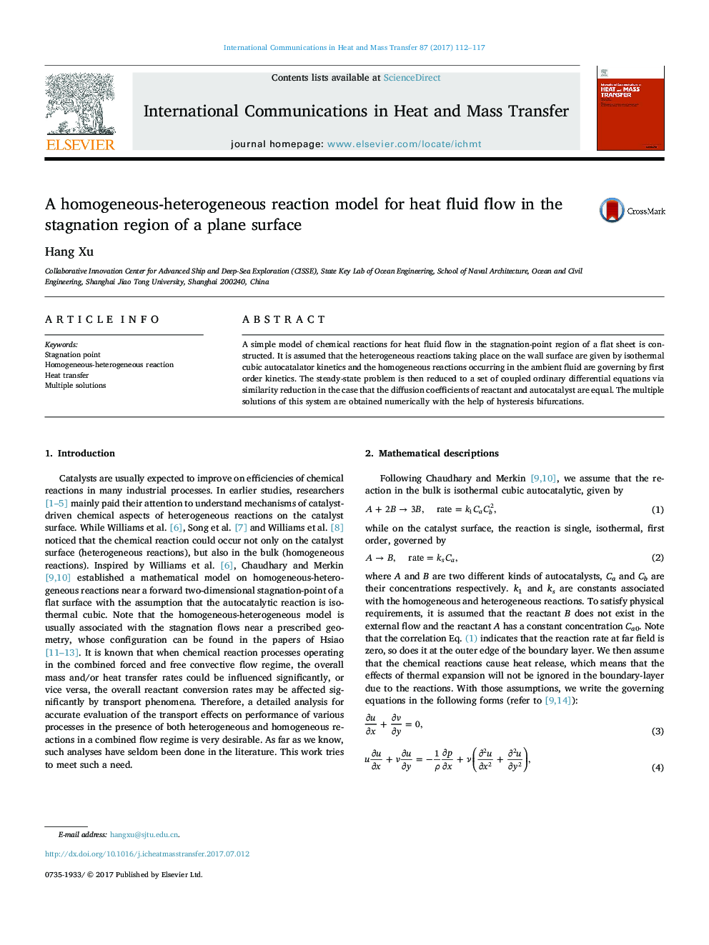 A homogeneous-heterogeneous reaction model for heat fluid flow in the stagnation region of a plane surface