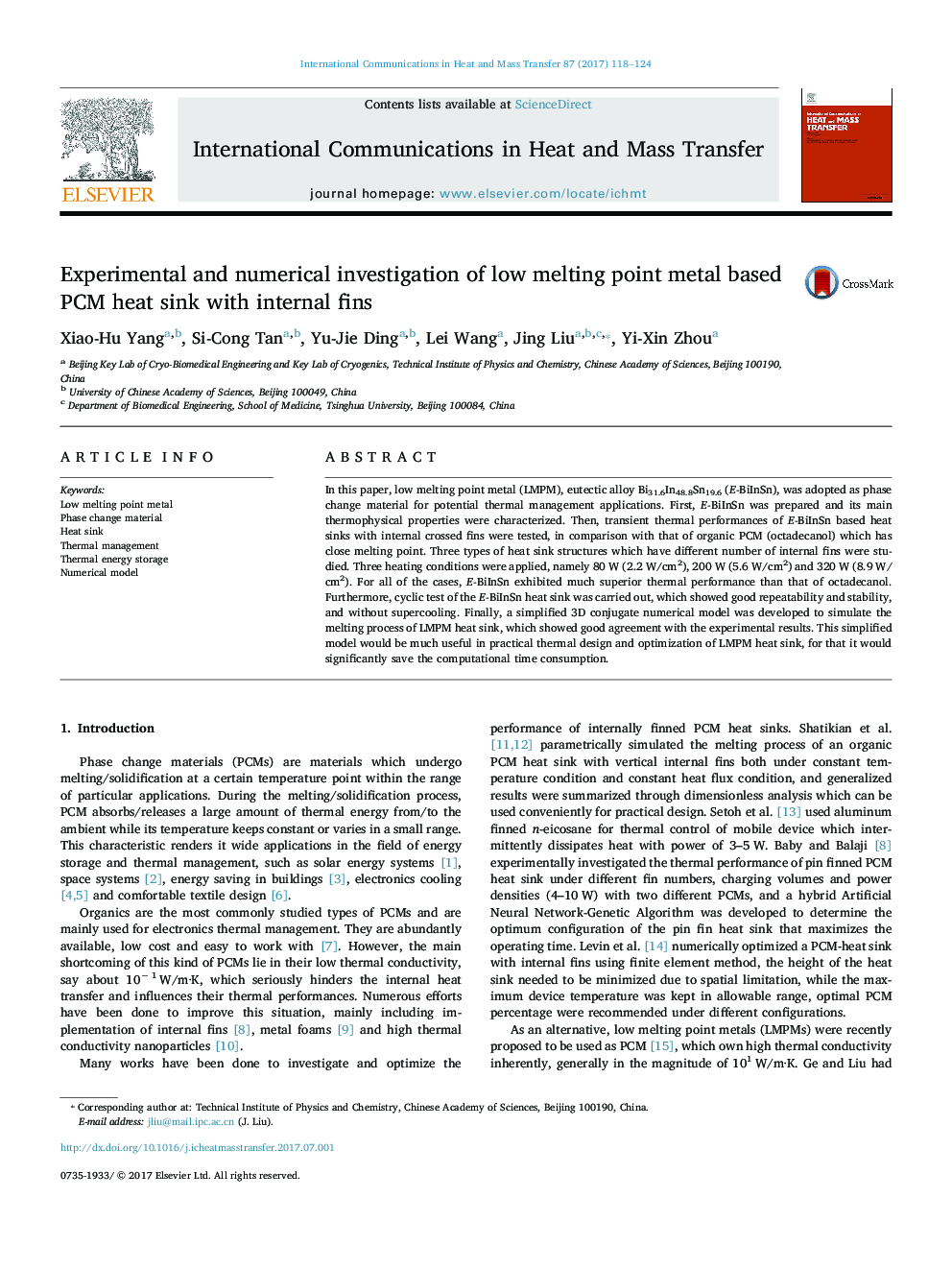 Experimental and numerical investigation of low melting point metal based PCM heat sink with internal fins